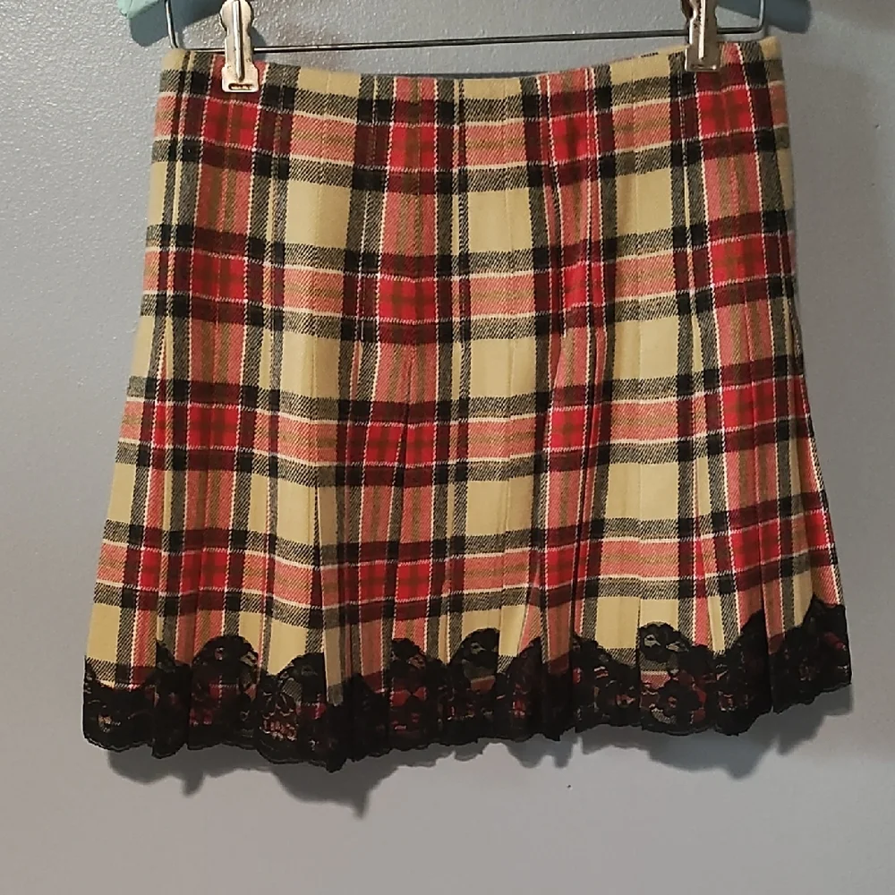 Moda International Red , Tan ,Black And White Pleated Plaid Mini Skirt